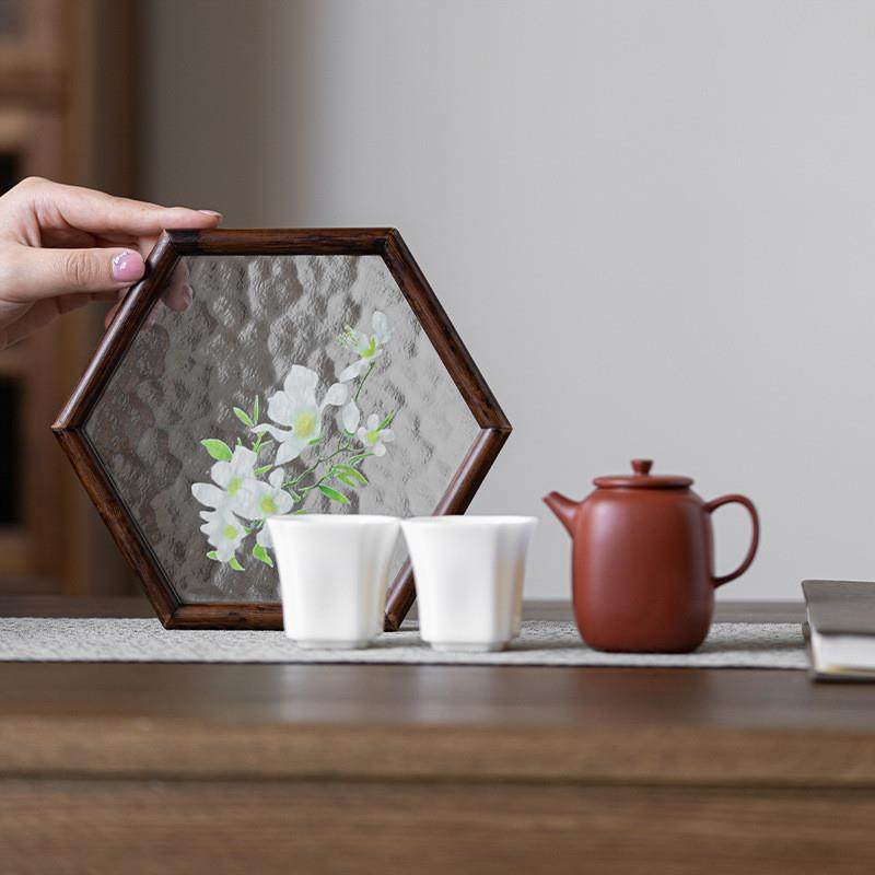 水纹玻璃六边形壶承家用胡桃木玻璃茶盘日式小茶台茶杯杯垫干泡台,餐饮具,茶道/零配,淘宝优惠券,粉丝福利购,淘宝优惠卷