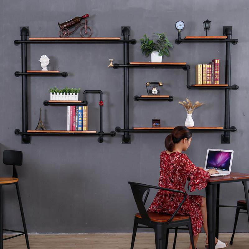 复古工业风墙面置物架 铁艺水管书架 创意墙上装饰架子壁挂隔板