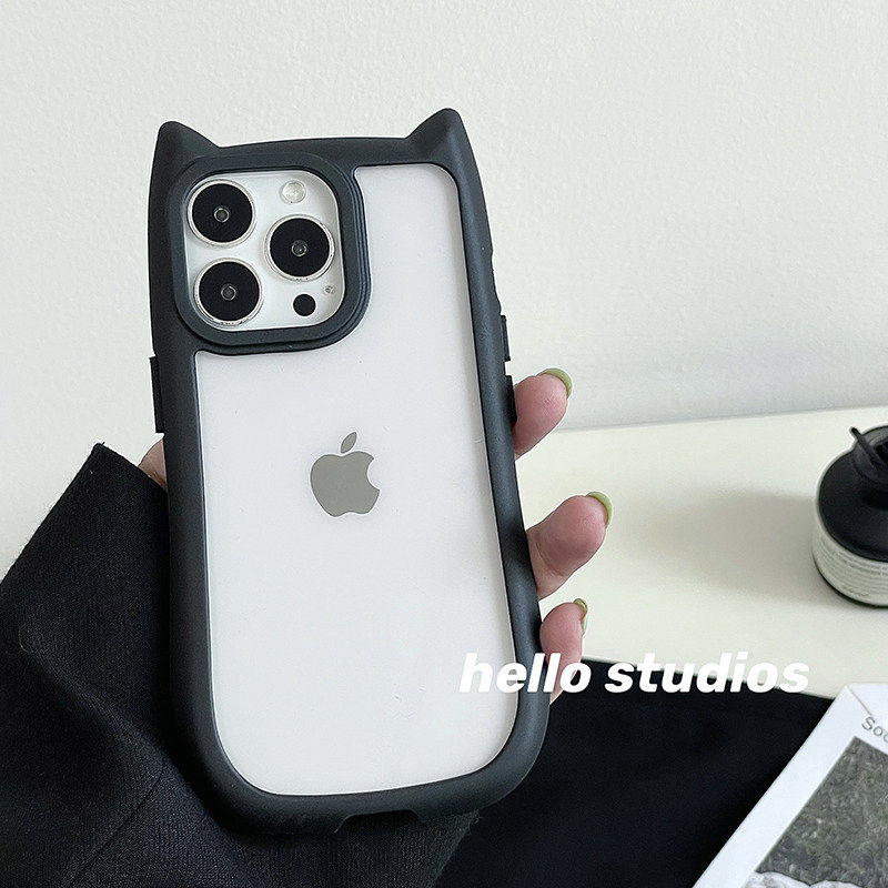 ins暗黑色简约情侣猫耳朵适用苹果15promax手机壳iphone16新款13pro max可爱12硅胶11保护套14Plus透明亚克力