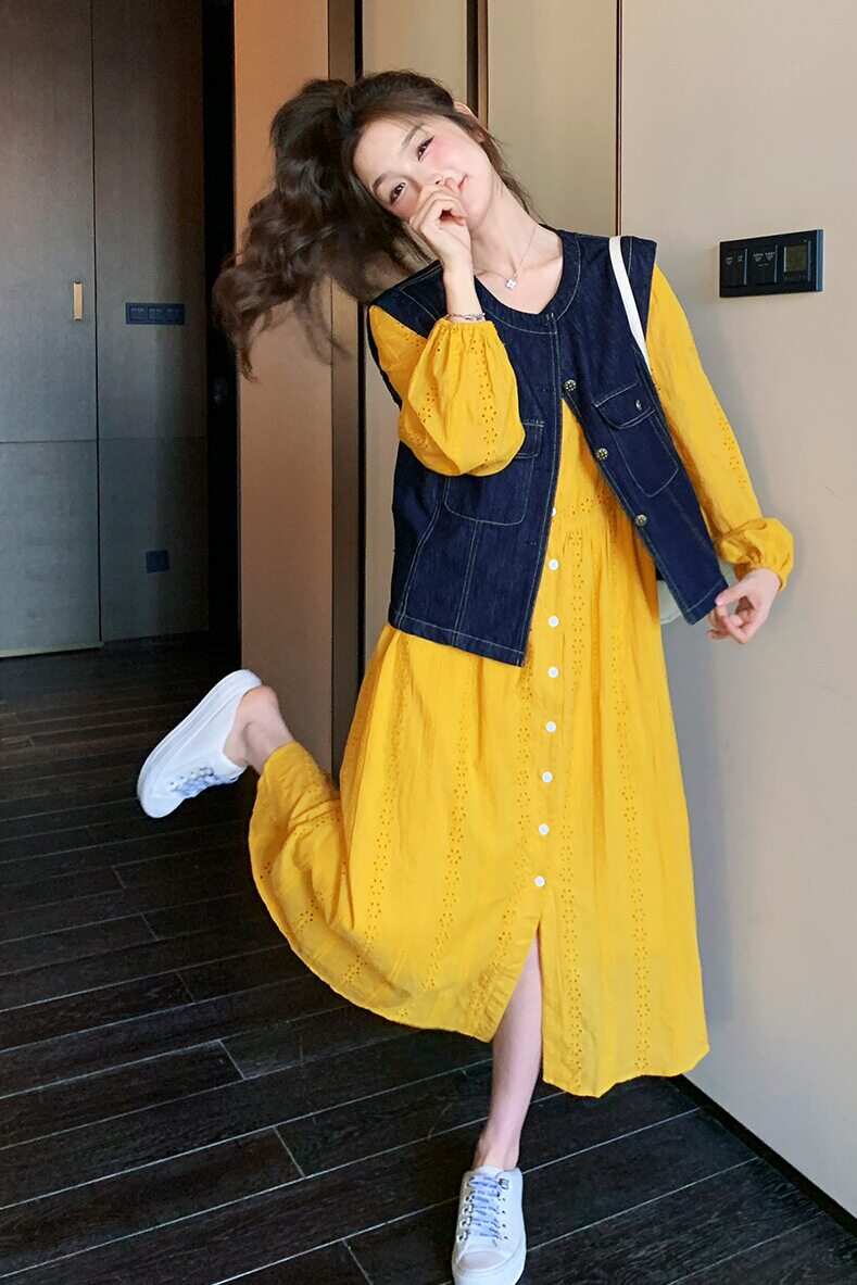 黄色镂空连衣裙马甲两件套女2025春秋季新款法式减龄显瘦长裙套装,女装套装/套裙,2C295
