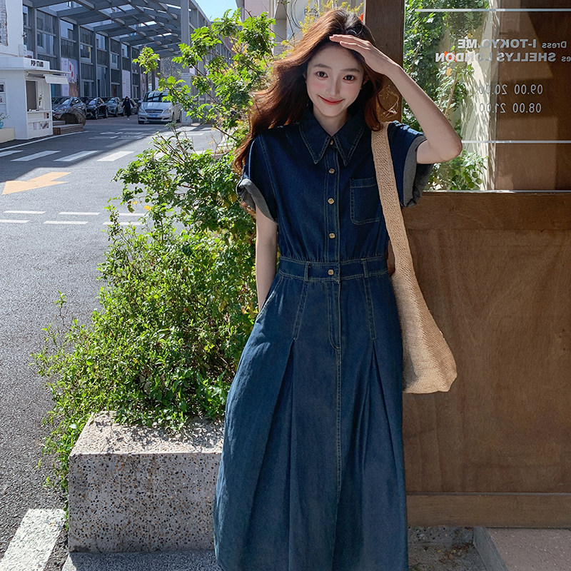 法式复古牛仔蓝衬衫连衣裙女2025夏季新款减龄独特漂亮显瘦长裙图片