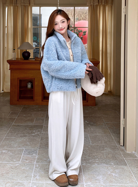 新款现货！秋冬糖果蓝色羊羔毛加厚短外套7785P185K278