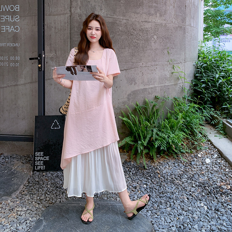 韩系假两件拼接方领长裙女2025夏季新款时尚洋气法式显瘦连衣裙潮,女装连衣裙,2C295