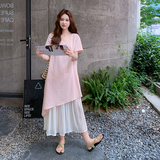 韩系假两件拼接方领长裙女2025夏季新款时尚洋气法式显瘦连衣裙潮，女装连衣裙，2C295