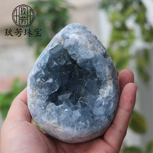 天然蓝晶原石摆件天青石原石蛋形洞心形摆件蓝晶石矿标标本蓝晶洞
