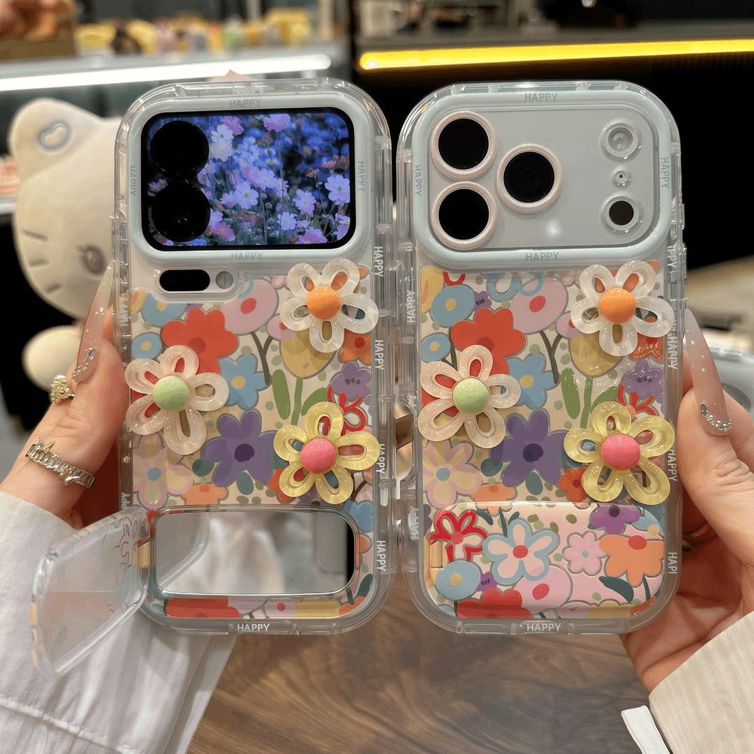 立体花朵翻盖镜面手机壳iPhone17ProMax彩色碎花透明防摔15Pro可爱14Pro创意13Pro个性适用小米17pro华为vivo