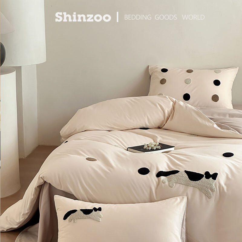 寝作shinzoo萌趣全棉磨毛贡缎四件套日式简约卡通床上用品套件