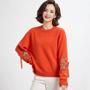 精美手工订珠重工刺绣花100纯羊毛衫 国风毛衣 中年妈妈高端新中式