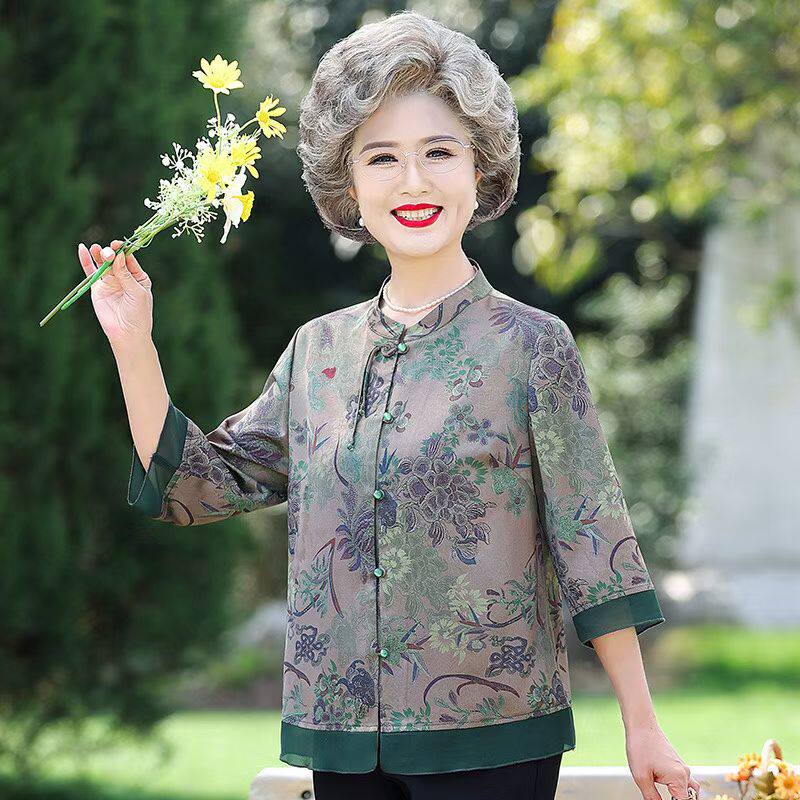 中老年人奶奶夏装真丝上衣女洋气妈妈夏季香云纱中式衬衫太太套装
