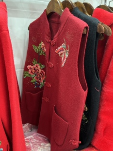 刺绣花中式盘扣马甲背心女士中国风妈妈秋冬外穿针织马夹毛衣坎肩