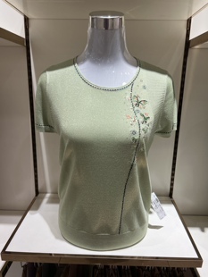五一出游 妈妈装短袖针织衫女23夏季新款女士时尚圆领刺绣短袖T恤