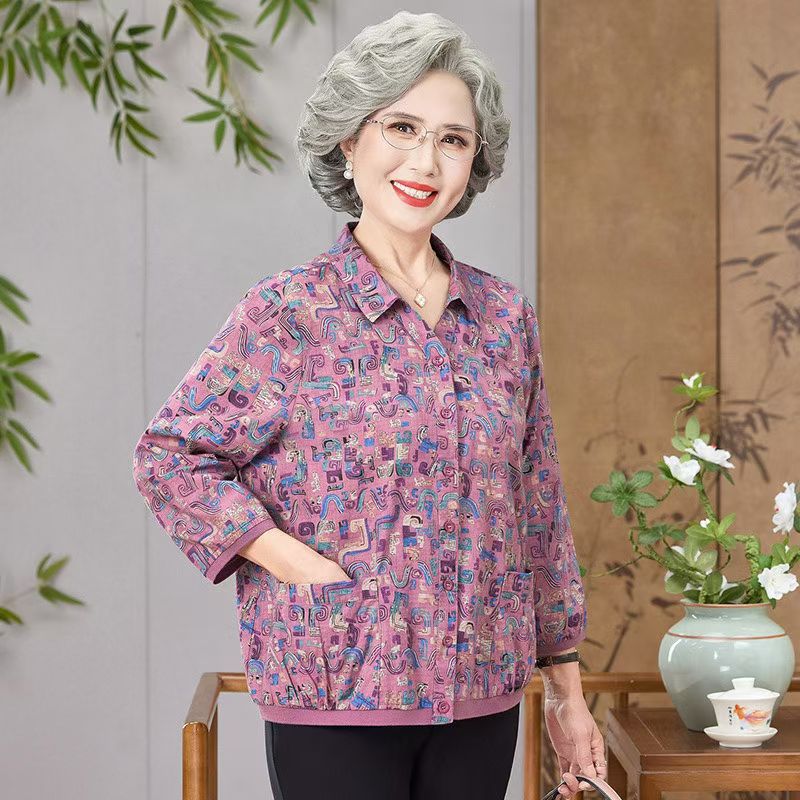 妈妈外套薄款纯棉中老年女士夹克开衫长袖老年人春秋装衬衫上衣女图片