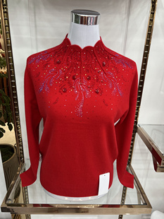 专柜纯羊毛衫半高领毛衣本命年红色妈妈装羊绒衫中老年打底衫喜庆