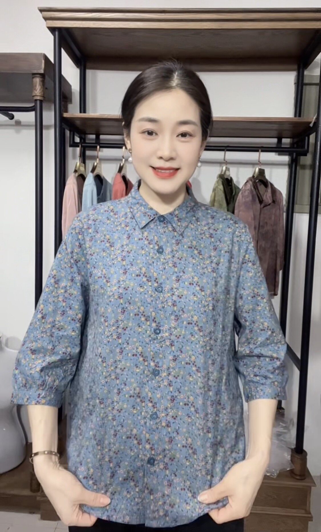100%纯棉衬衫女中老年人妈妈春夏衬衣服套装60岁70奶奶七分袖上衣