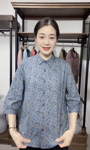 100%纯棉衬衫女中老年人妈妈春夏衬衣服套装60岁70奶奶七分袖上衣