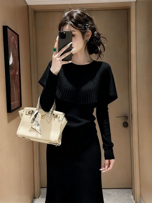 高端 小众 法式千金风针织衫套装裙女秋季斗篷式上衣半身裙两件套