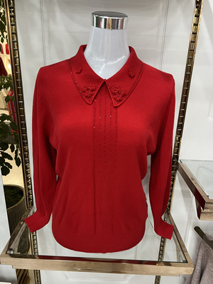 正版妈妈装翻领针织衫上衣秋冬新款红色毛衣打底衫女中老年羊毛衫