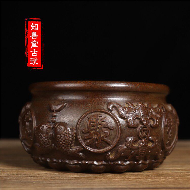 旧藏 纯铜双鱼五福临门聚宝盆 摆件供奉香炉招财进宝古玩收藏品