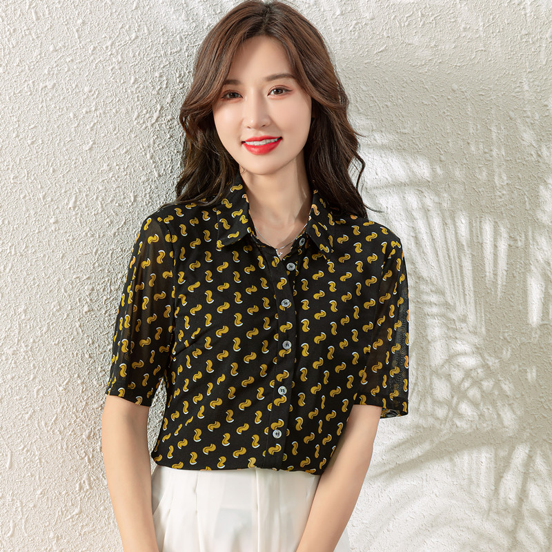 白领哥弟新女装2023夏季新款网纱弹力印花翻领短袖衬衫T恤上衣