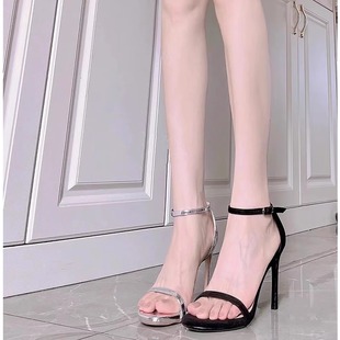 黑色一字带凉鞋女绝美2025年新款夏季高跟鞋法式女款时装细跟银色