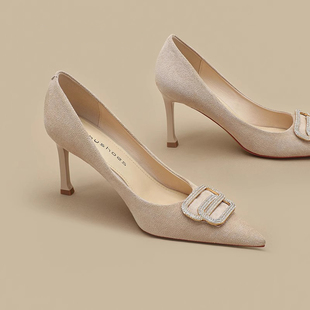 新款 方扣高跟鞋 2025春季 尖头单鞋 气质百搭女神范 女细跟黑色工作鞋