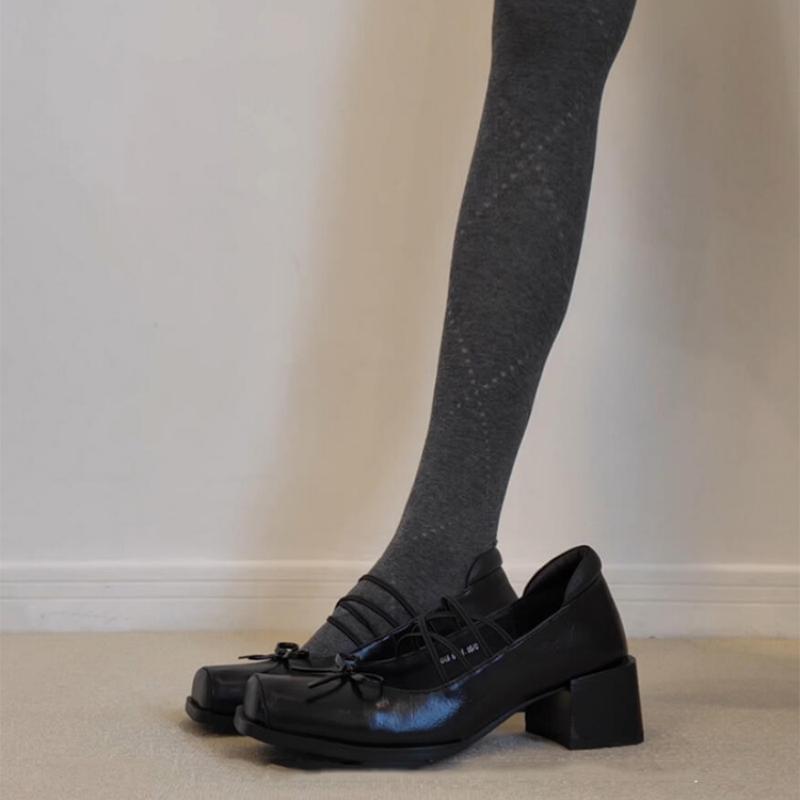 粗跟蝴蝶结方头交叉绑带单鞋新款