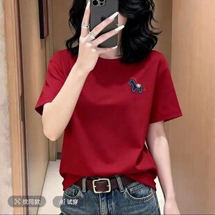 一件代发直播爆款2026夏季纯色短袖T恤女圆领红色马洋气正肩上衣