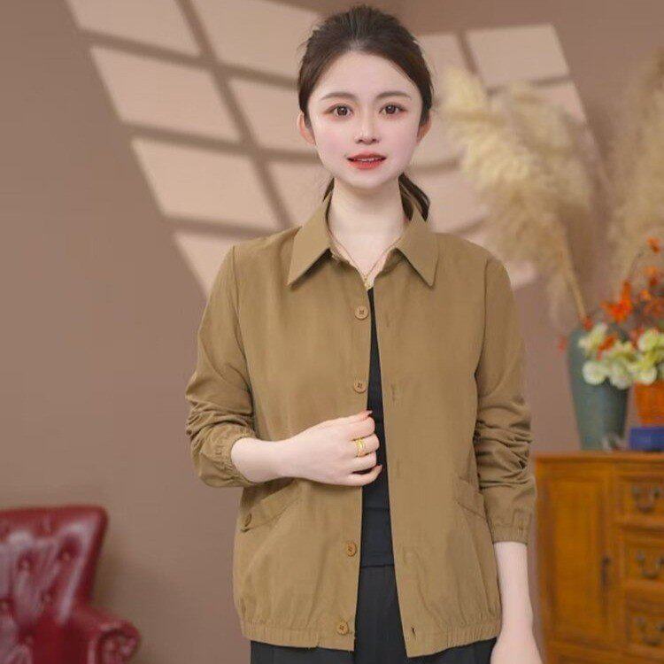 一件代发直播爆款2026春季新款水洗棉开衫宽松夹克翻领女外套上衣