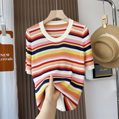 醋酸天丝亚麻针织彩虹彩条纹T恤