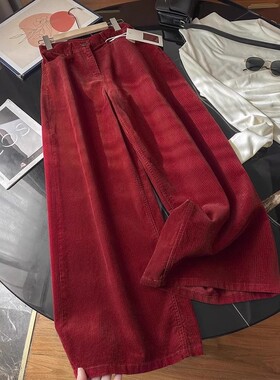 请锁S神裤 时髦碇制红色复古灯芯绒宽松显瘦阔腿裤长裤拖地裤女春