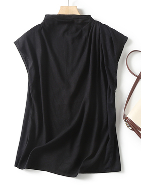 西班牙590+！肩部垂褶设计高级感气质半高领黑色亚麻混纺上衣衬衫