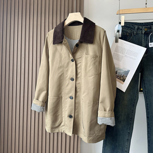 小禾！木巨4500+！老钱风灯芯绒领撞色拼接斜纹棉休闲风衣外套女