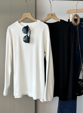 百搭W及简款 匹马棉开叉长袖T恤宽松显瘦白色打底衫上衣女秋冬款