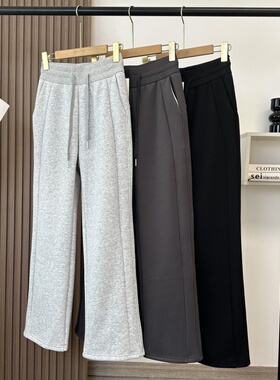 lu同款~美式复古灰色窄版卫裤女秋冬款加绒运动裤休闲长裤直筒女