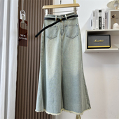 时髦出街 复古毛边牛仔半身裙女春夏中长款 高腰A字包臀鱼尾裙子潮