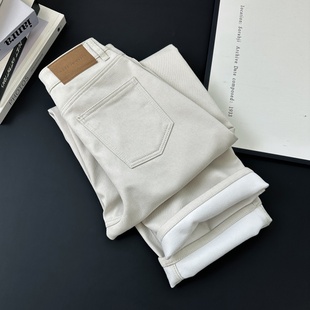 毒家~牛货！一体磨毛绒 石灰白牛仔女加绒直筒裤窄版阔腿裤女秋冬