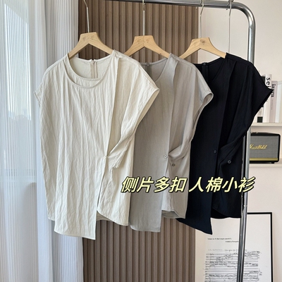 纯色斜纹人棉纽扣收腰衬衫上衣