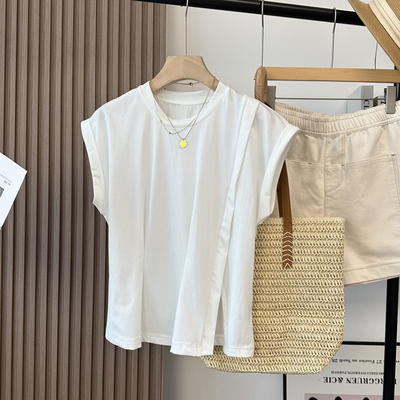 捏褶收腰前开叉盖肩短袖T恤上衣