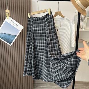 复古黑白格不规则大摆半身裙气质鱼尾裙长裙 格纹 用料3米 十片式