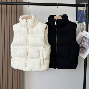 西班牙D 秋冬季蓬松立领保暖针织棉服马甲上衣外套女无袖白色马夹