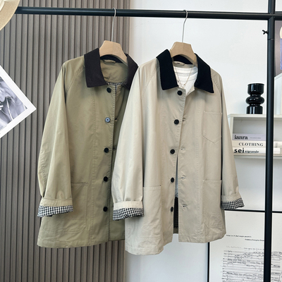 斜纹棉撞色灯芯绒翻领中长风衣