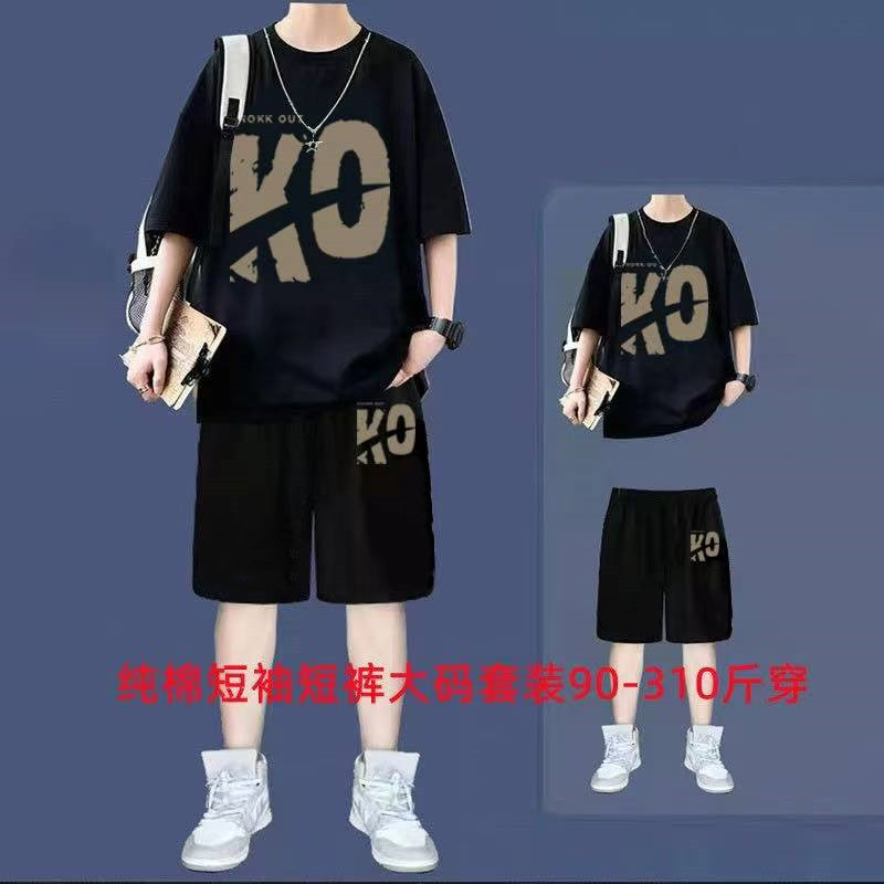 夏季特大码运动套装男款潮牌短袖t恤短裤两件套学生休闲搭配一套