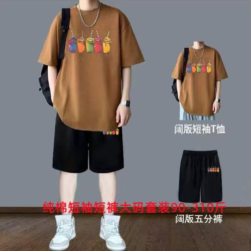 夏季纯棉短袖套装男士薄款大码休闲运动短裤胖男生穿搭高级感一套