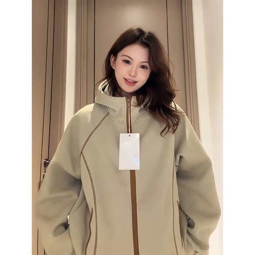 美式哈苏线撞色开衫卫衣男女款秋季潮牌重磅连帽衫高级感情侣外套