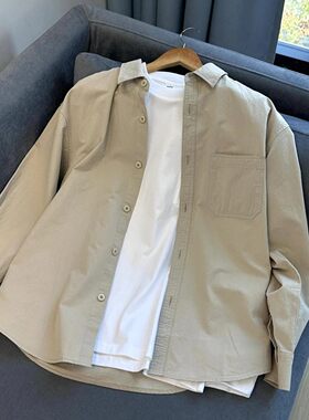 纯棉浅卡其色工装衬衫男款春秋夏新款长袖衬衣cityboy外套