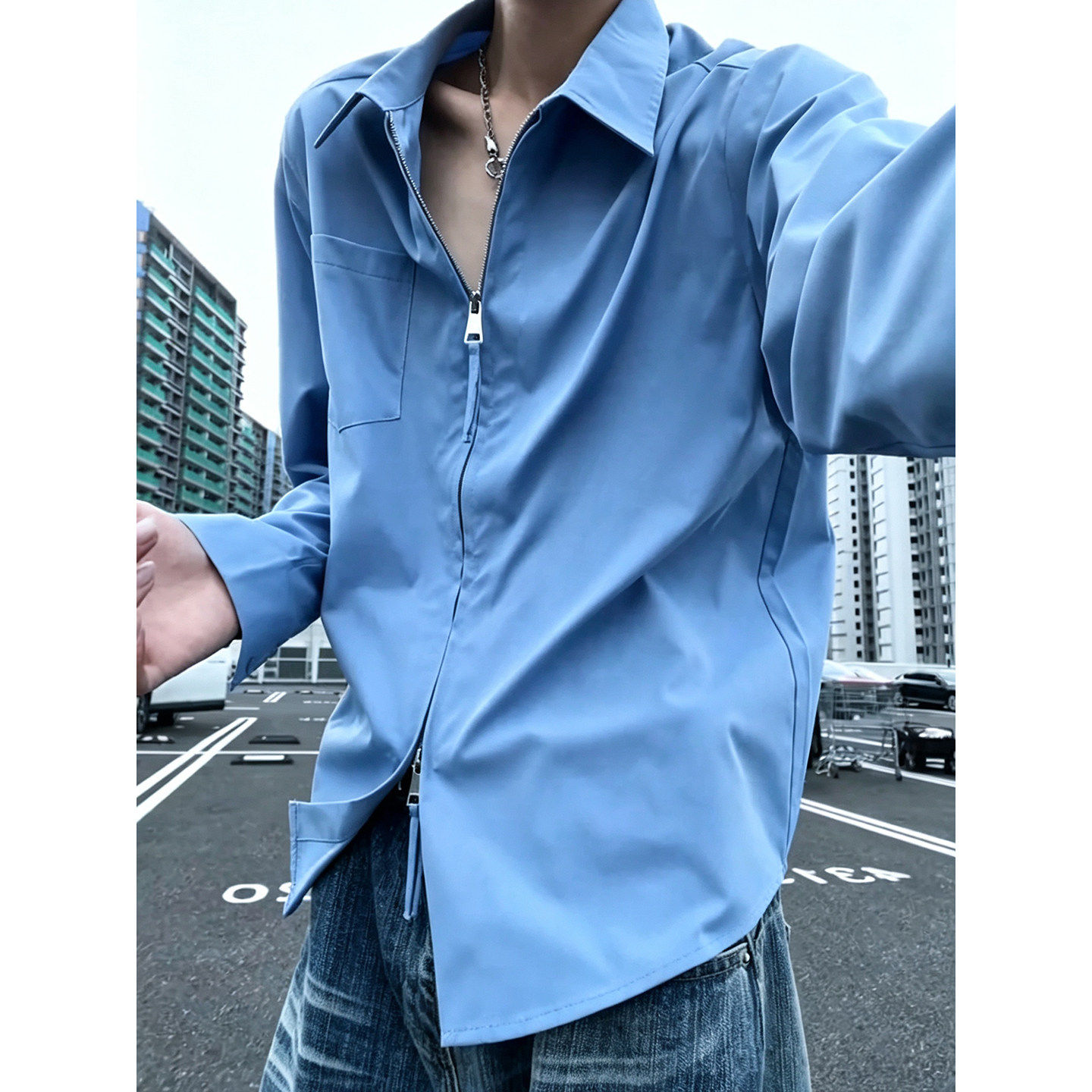 蓝色双拉链设计长袖衬衫男秋季宽松慵懒风外套痞帅高级感廓形衬衣