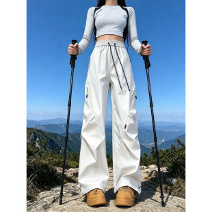 米色三防软壳加绒冲锋裤男女秋季褶皱工装滑雪裤子美式户外登山裤