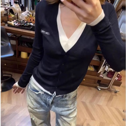 小众设计师ANN系列~撞色拼接假两件弹力修身羊毛针织开衫上衣