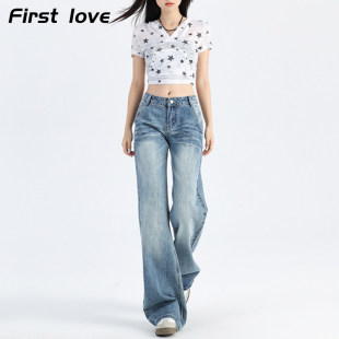 美式复古微喇牛仔裤女秋冬加绒新款低腰宽松小个子直筒喇叭拖地裤