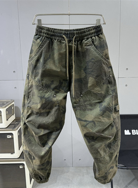 潮牌高街痞帅迷彩工装裤男秋季宽松百搭束脚裤立体剪裁弯刀休闲裤